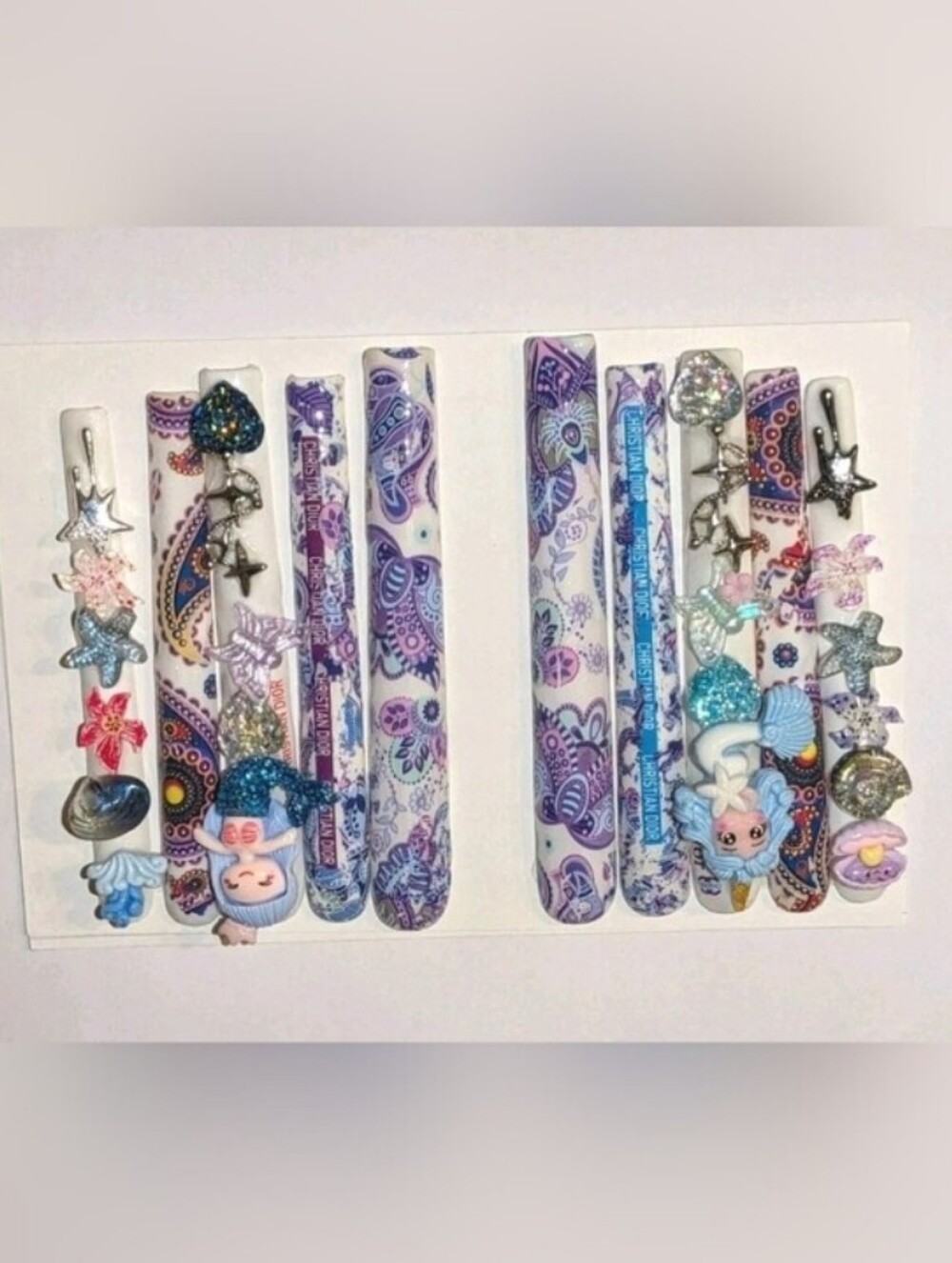 Hand CRAFTED Ladies Mermaid Press On  Nail  Set - Purple & Blue Paisley Sz Large